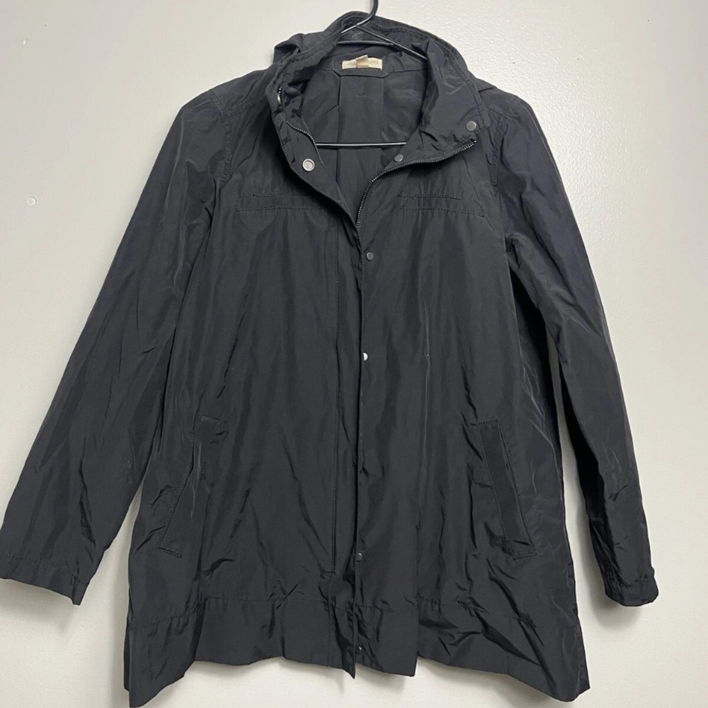 Eileen Fisher Hooded Black Mid length Rain Jacket Size Petites Small